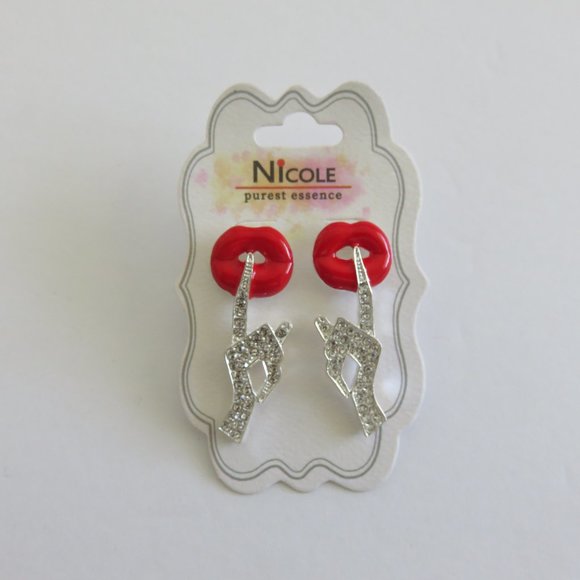 (#I) Nicole Purest Essence Lip Dangling Earrings Faux Rhinestone Silver - Picture 2 of 5